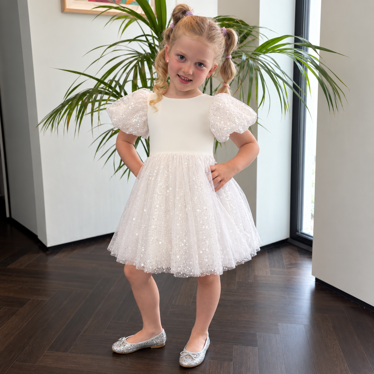 White sequin girls party dress with tulle skirt by Starla Mini