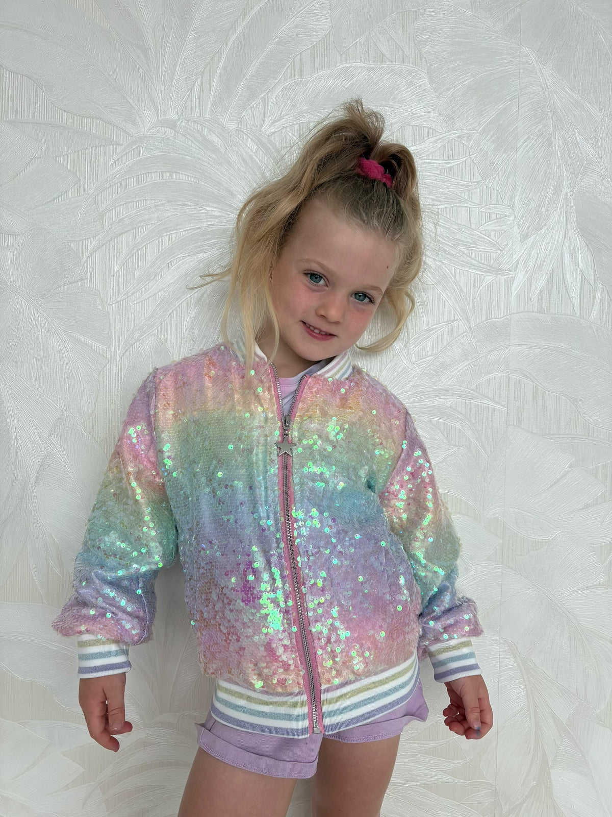 Girls' ombre rainbow flipping sequin bomber jacket