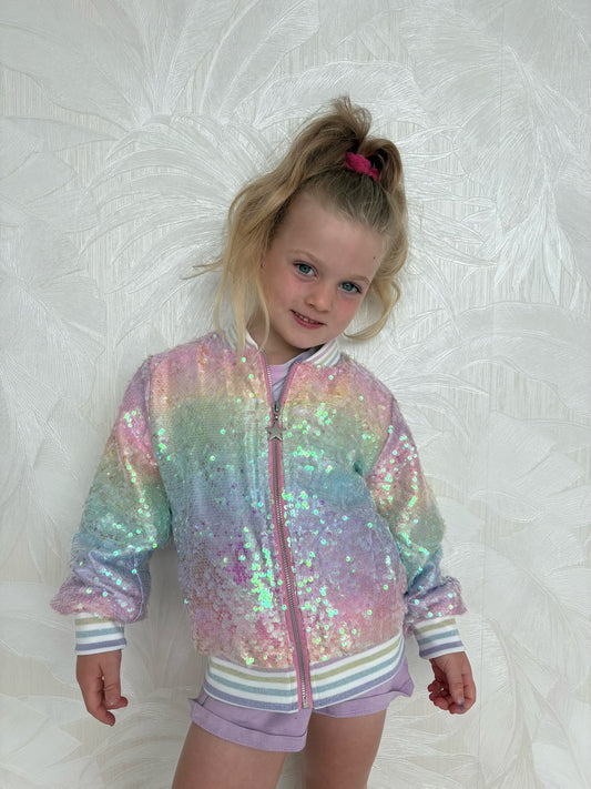 Girls' ombre rainbow flipping sequin bomber jacket