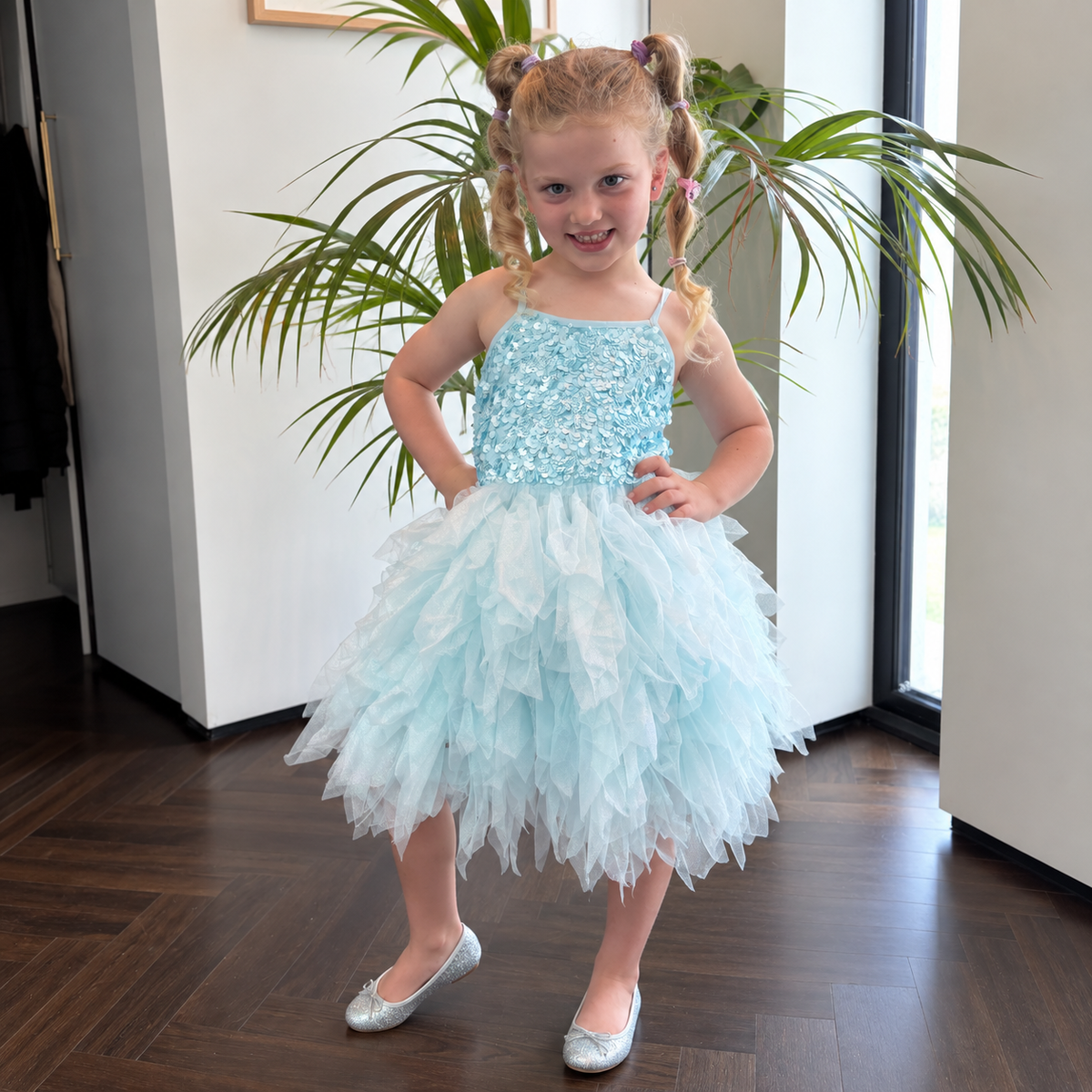 Baby blue sequin party dress with layered tulle skirt by Starla Mini